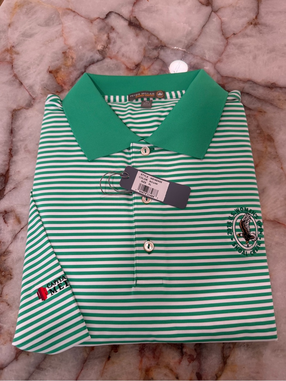 NWT Peter Millar Summer Comfort Crown Sport Green & White Striped Polo Shirt XL
